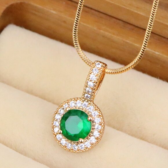 "Elegant Gold Plated Green Stone Pendant with Crystal Halo Design, XPPT1741 - Picture 1 of 13